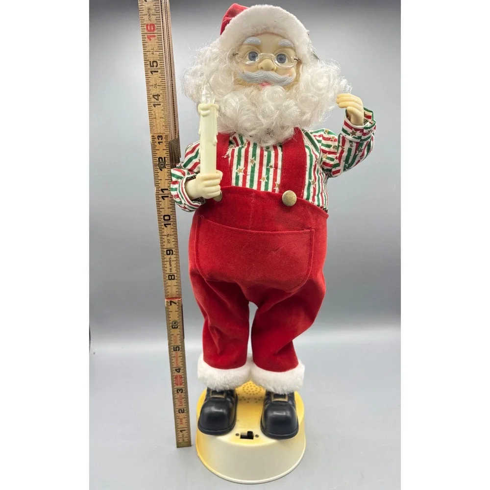 Vintage Animated Santa Claus Figure Red Overalls Light Up Candle 16 Inch